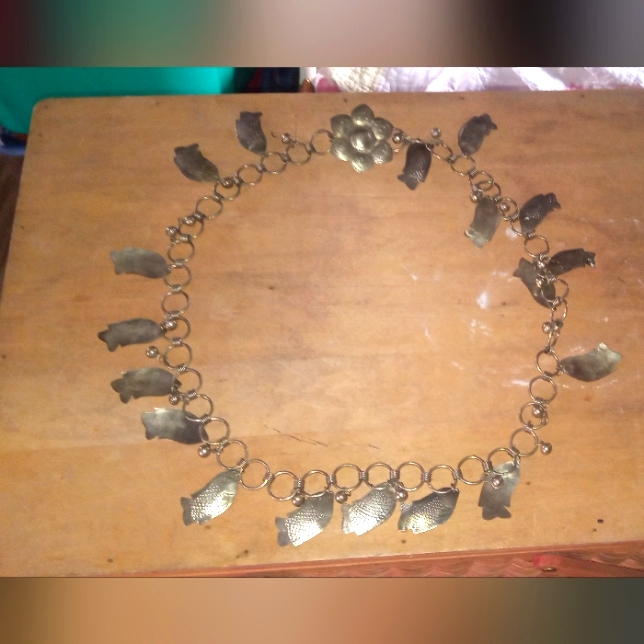 Vintage Hand Wrought Fish, Bells And Flower Buckled Belt.